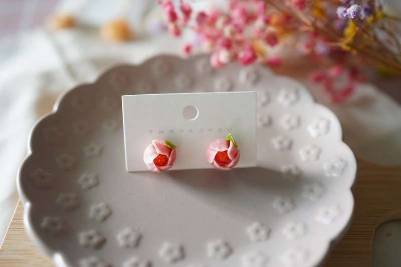 Japanese fruit earrings/earrings pocket clay handmade - Earrings & Clip-ons - Clay Pink