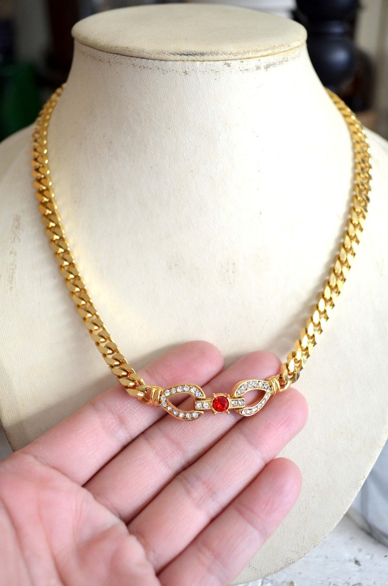 Gold-plated Rhinestone Ruby Vintage Necklace Noble and Elegant Japanese Second-hand Medieval Jewelry Vintage - Necklaces - Gemstone Multicolor