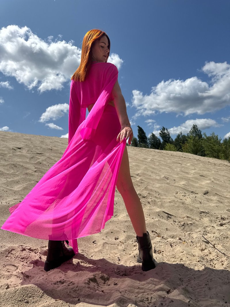 Pole dance long skirt with underpants & transparent long sleeve top for aerial - 裙子/長裙 - 其他材質 粉紅色