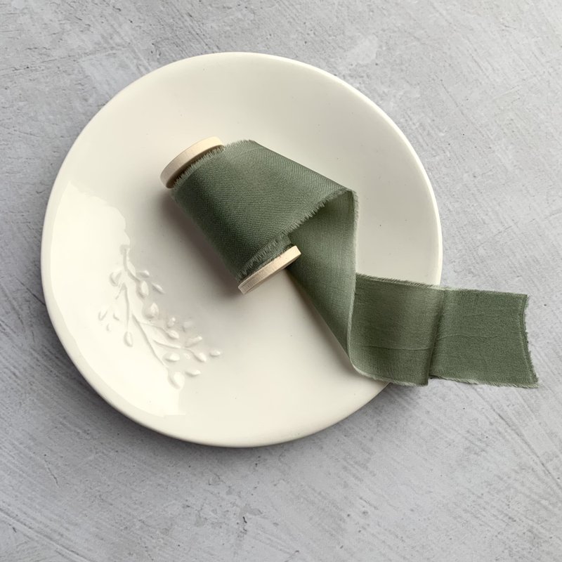 Moss Silk Ribbon / Hand Dyed Silk ribbon on Wood Spool - 包裝材料/包裝紙 - 絲．絹 綠色