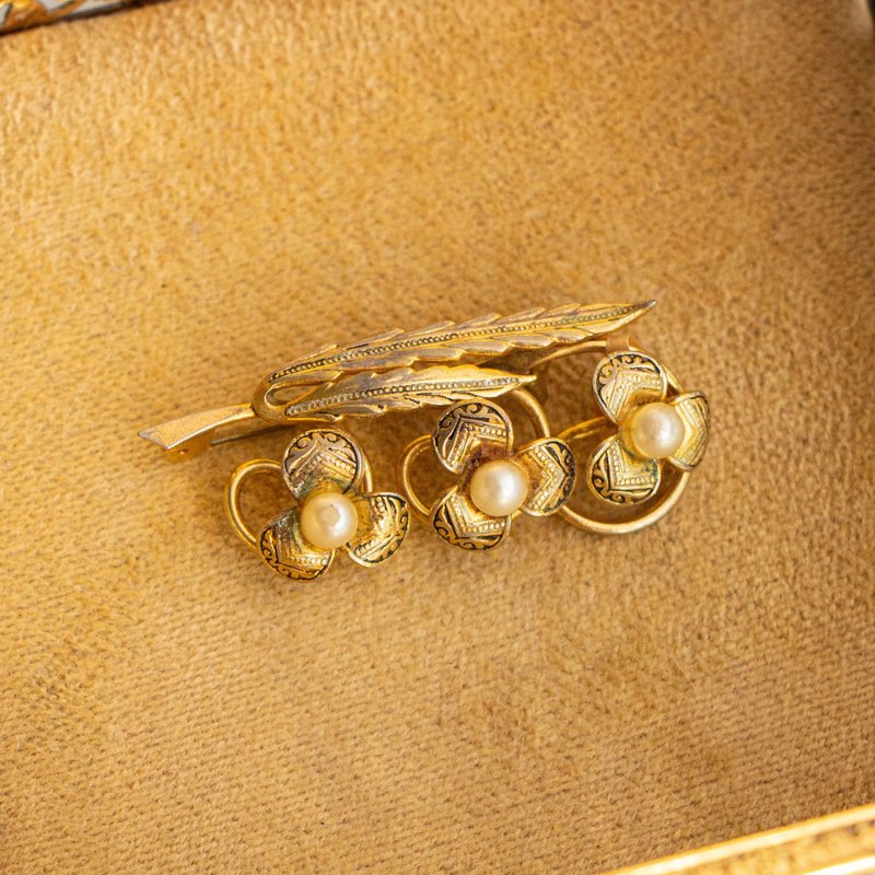 Vintage Spanish Damascene Flower Pearl Brooch - Brooches - Other Metals Gold