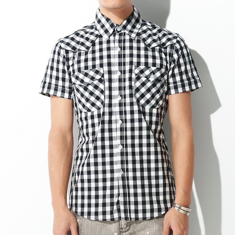 Denim double-pocket white, black and purple plaid short-sleeved shirt - เสื้อเชิ้ตผู้ชาย - ผ้าฝ้าย/ผ้าลินิน 