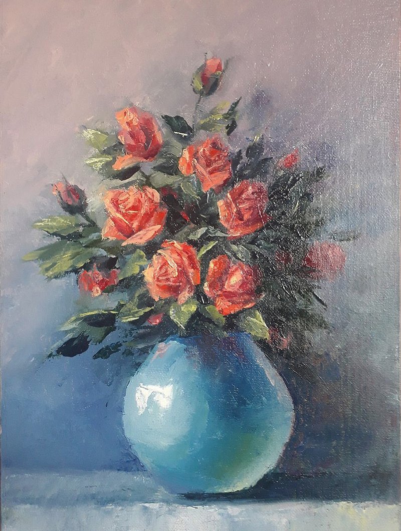 Original oil painting. Roses in a vase. 35 x 25 cm - 壁貼/牆壁裝飾 - 其他材質 