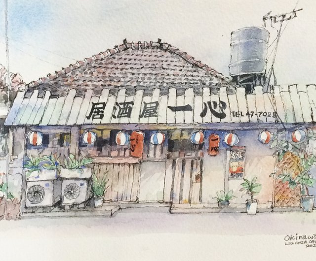 【好きなものに囲まれて居酒屋bar-グラスアート　イラスト　水彩画　原画 蝶々】グラスアートイラスト水彩画原画
