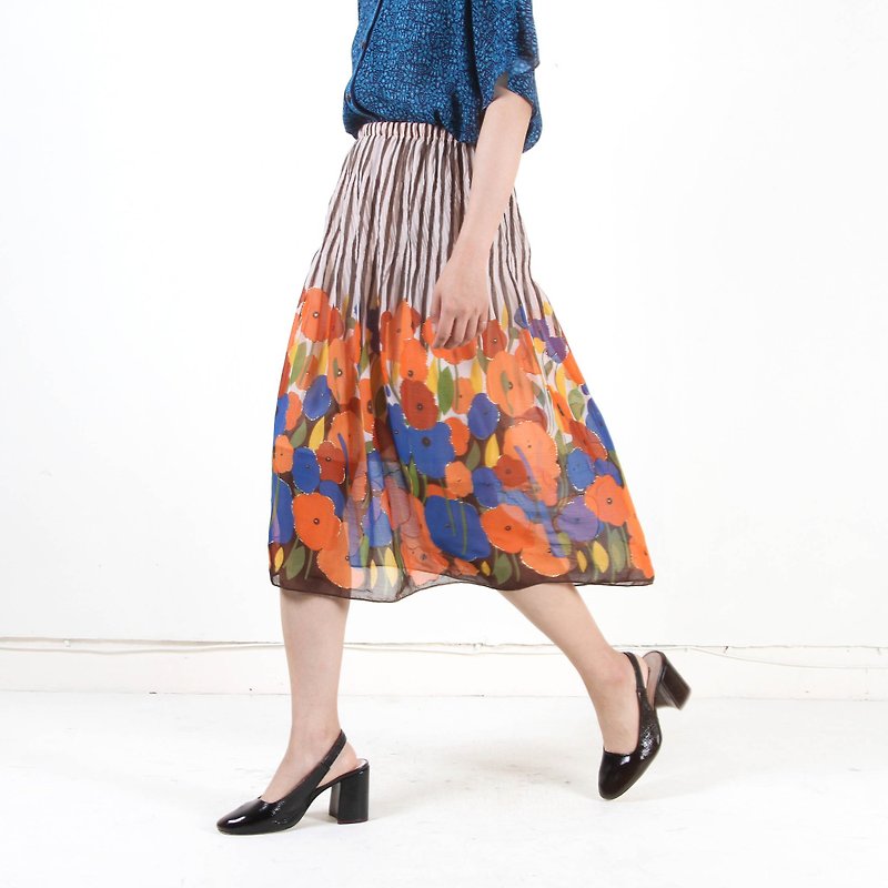 [Eggs and plants] Vintage garden print vintage dress - Skirts - Polyester Multicolor