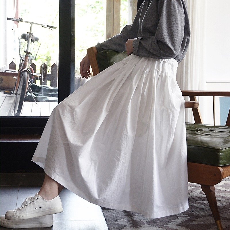 小眾高腰抽繩半身裙-白|裙子|高腰|高支水洗棉|獨立品牌|Sora-36 - 裙子/長裙 - 棉．麻 白色
