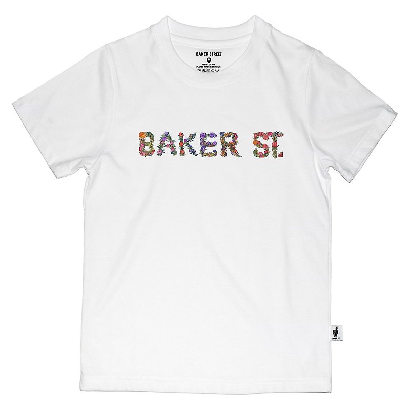 【英國 Baker Street 貝克街】童裝 - 純棉短袖T - 花繪文字B款 - 男/女童裝 - 棉．麻 白色