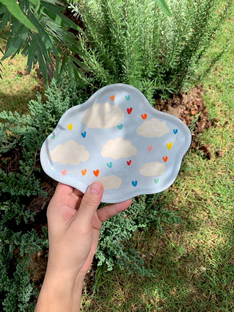 Plate Ceramic Cloud with Rainbow Heart - Pottery & Ceramics - Pottery Multicolor