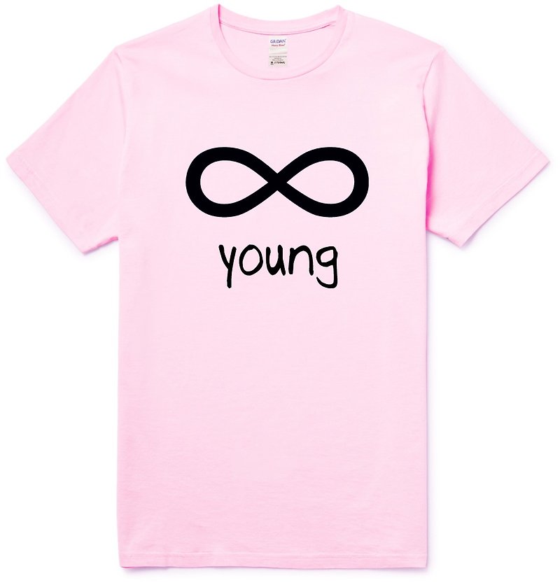 Forever Young infinity #4【現貨】短袖T恤 淺粉紅色 永遠 年輕 文字 英文 字母 青春 無限大 - 女 T 恤 - 棉．麻 粉紅色