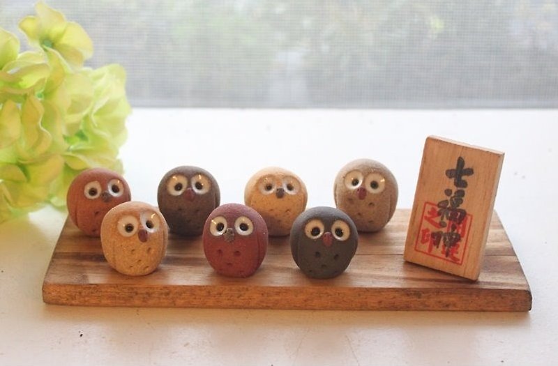 Super Cute 7 Lucky Owls (S)-7 Ceramic owls with wooden base - Items for Display - Other Materials 