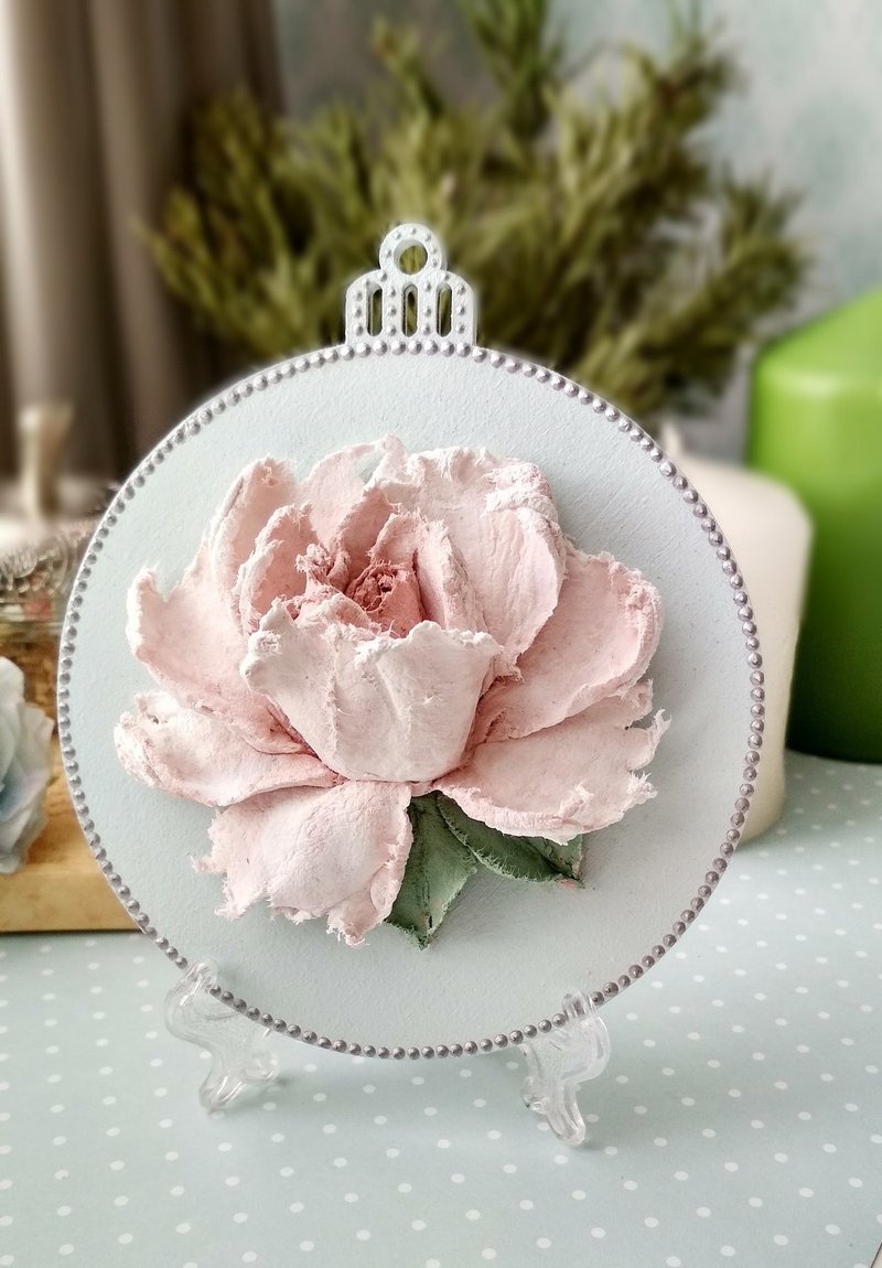 Round small painting with pink rose Floral painting gift Rose wall decor - 牆貼/牆身裝飾 - 其他材質 粉紅色