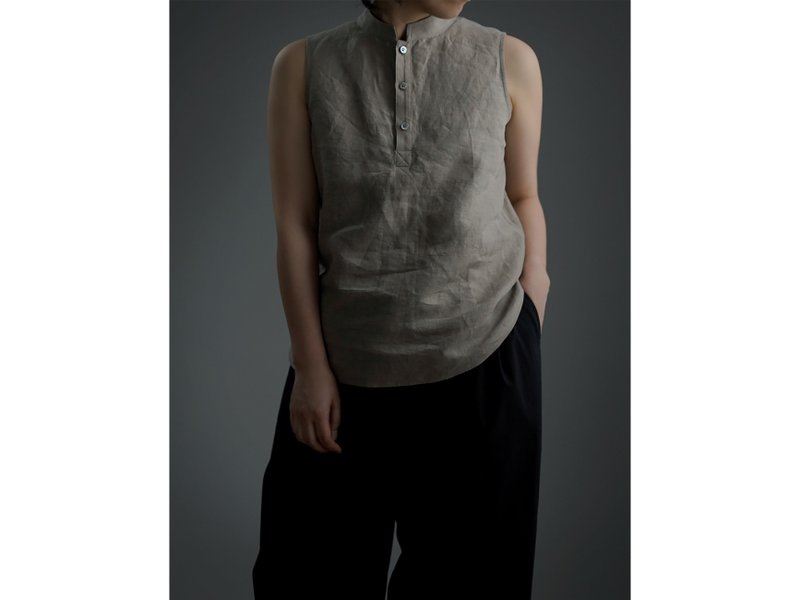 Lightweight Linen Standing Collar Tank Top / Hazelnut p005b-hbm1 - Women's Tops - Linen Khaki
