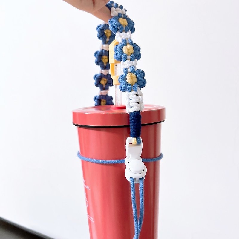 Blue Flower Beverage Bag Beverage Rope Beverage Lanyard - ถุงใส่กระติกนำ้ - ผ้าฝ้าย/ผ้าลินิน 