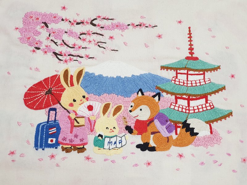 手工刺繡開衫-棉、日遊、富士山、櫻花、狐狸、兔 - 女大衣/外套 - 繡線 白色
