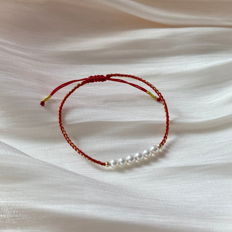 開運金絲紅繩天然珍珠編織手鍊 - 手鍊/手鐲 - 珍珠 