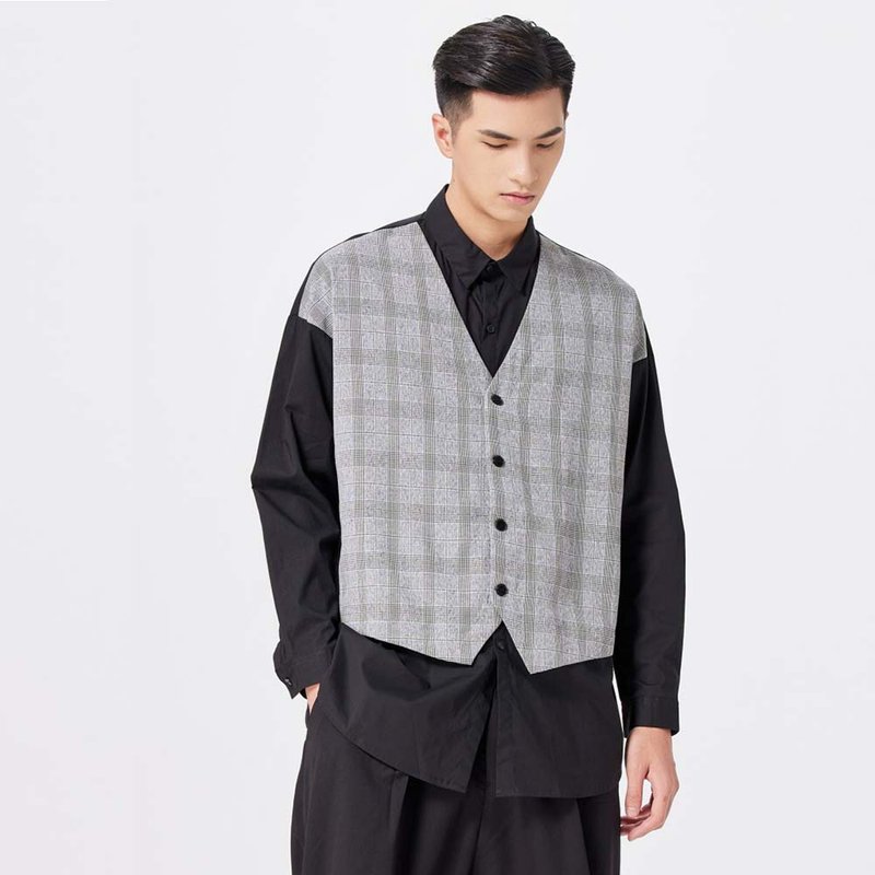 PINLI Pinli autumn plaid stitching fake two long-sleeved shirts - Men's Shirts - Other Materials Black