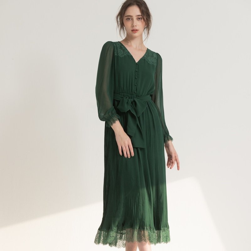 Bella elegant chiffon long dress dark green - ชุดเดรส - เส้นใยสังเคราะห์ สีเขียว