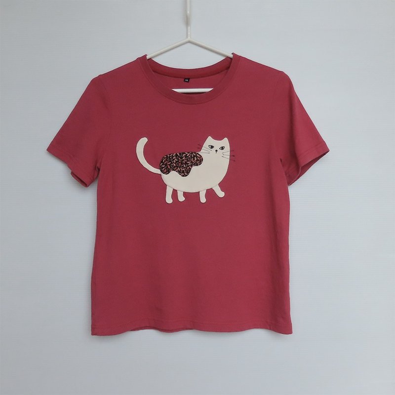 拼布貓咪微寬鬆短版短袖T-shirt No.1 - 女 T 恤 - 棉．麻 紅色