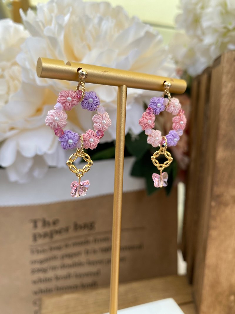 Mini Crochet Wreath Earrings - Earrings & Clip-ons - Thread Pink