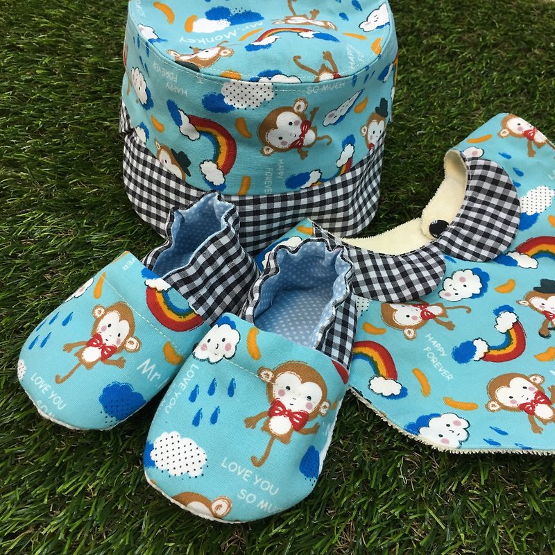 かわいいモンキームーンギフトボックス-帽子+幼児+よだれかけスリーピースセット - 出産祝い用贈物 - コットン・麻 ブルー