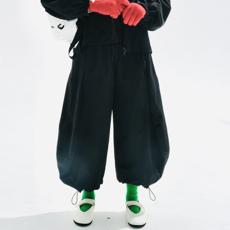 復古斜紋黑色秋季燈籠褲 - 女長褲 - 棉．麻 黑色