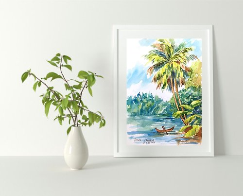 AnaMuStudio Indian art original painting Palm tree watercolor Kerala backwaters India artwor