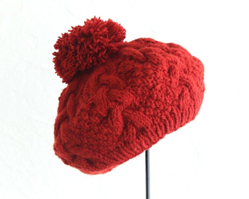 Pinkoi Proxy Purchase - Warm 100% wool pom-pom cap for adults with fleece Aran pattern hand-knitted hat (terracotta) - Hats & Caps - Cotton & Hemp 