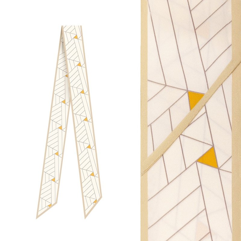 retar Khaki yellow triangle pattern ribbon long silk scarf retro headband belt mulberry silk scarf - ผ้าพันคอ - ผ้าไหม 