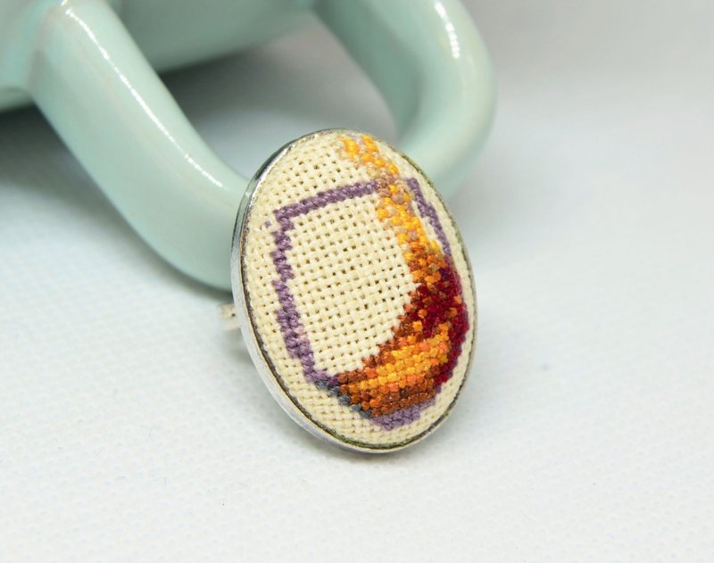 Embroidered ring with wine glass, gift for wine lover, oval beige ring - Necklaces - Thread Brown