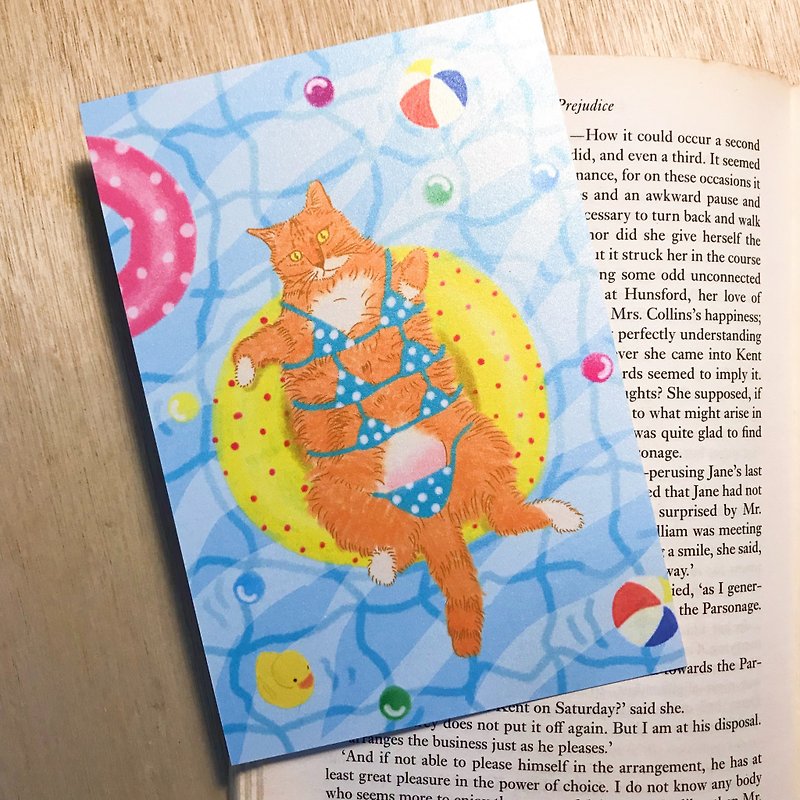 cat illustration postcard greeting card on swimming ring - การ์ด/โปสการ์ด - กระดาษ สีน้ำเงิน