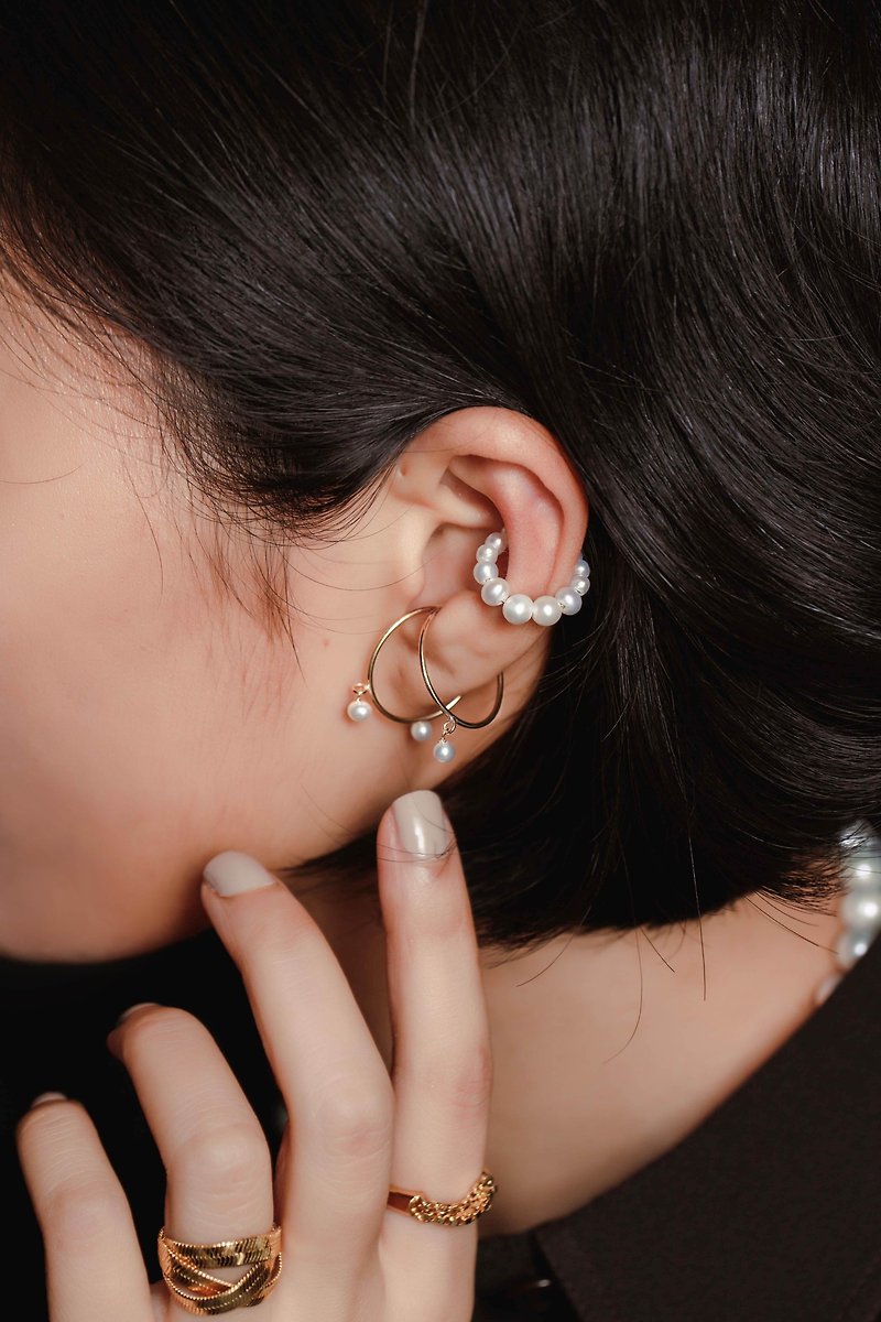 【無耳洞】珍珠花圈珍珠耳扣/耳窩夾/耳夾 - 耳環/耳夾 - 珍珠 白色