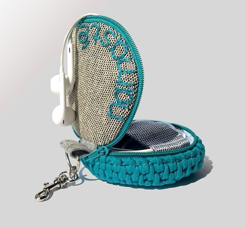 KatitoBags Crochet headphone case Embroidered charger holder Light blue coin purse Keychain