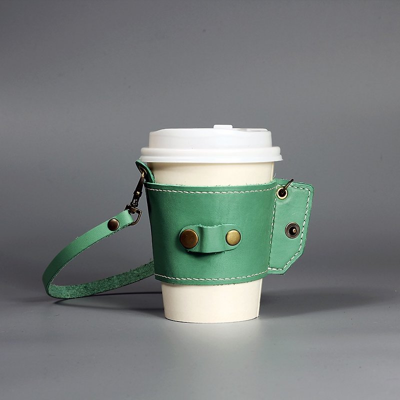 Roll up leather drink bag vegetable tanned leather cups green beverage bag handmade leather sewing small and easy to store original goods - grass green ~ ~ during the promotion of March 31 before the 10% discount - Beverage Holders & Bags - Genuine Leather Green
