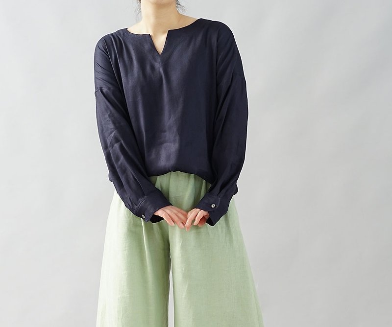 wafu  linen tunic / tops / long sleeve / neivy  t27-1 - เสื้อเชิ้ตผู้หญิง - ผ้าฝ้าย/ผ้าลินิน สีน้ำเงิน
