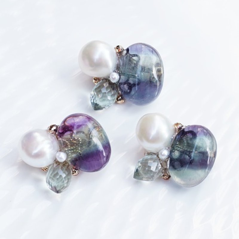 フローライトとグリーンアメジスト、真珠のブローチ　Ophelia - 胸針 - 寶石 多色