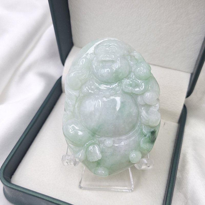飄花 福氣童子 彌勒佛 佛公吊墜 | 天然緬甸玉A貨翡翠 - 項鍊 - 玉石 