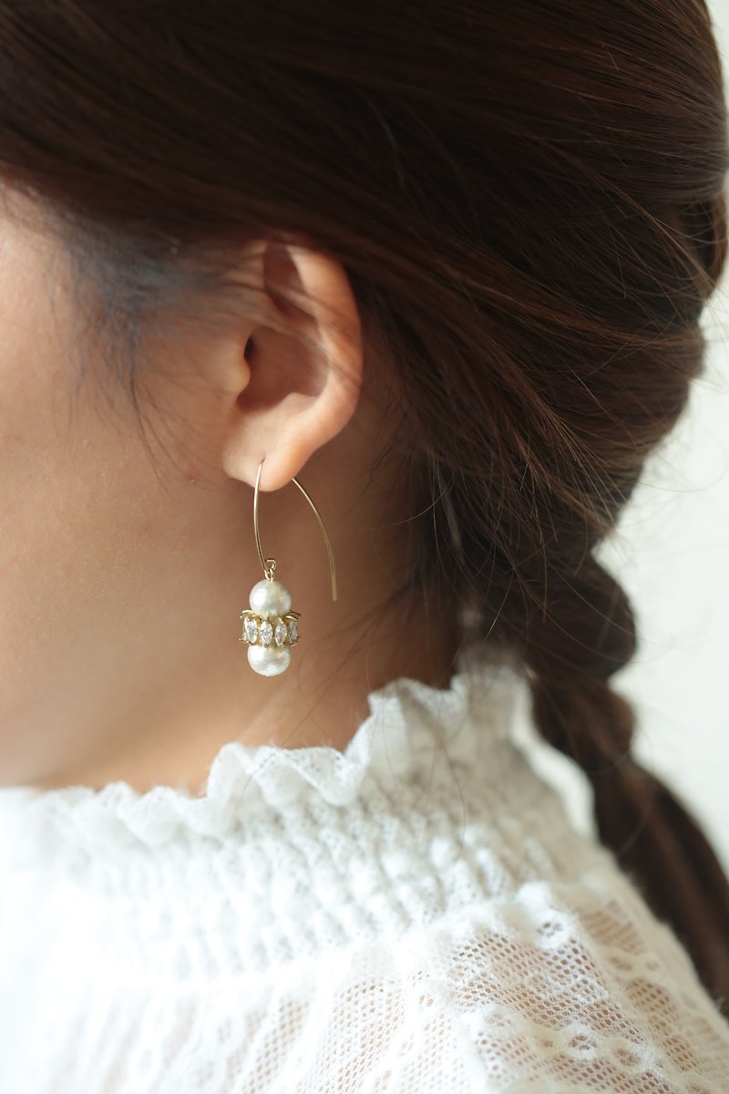 Shimmer Series│Cotton Pearl Stone Wheel Earrings 14KGF - Earrings & Clip-ons - Gemstone White