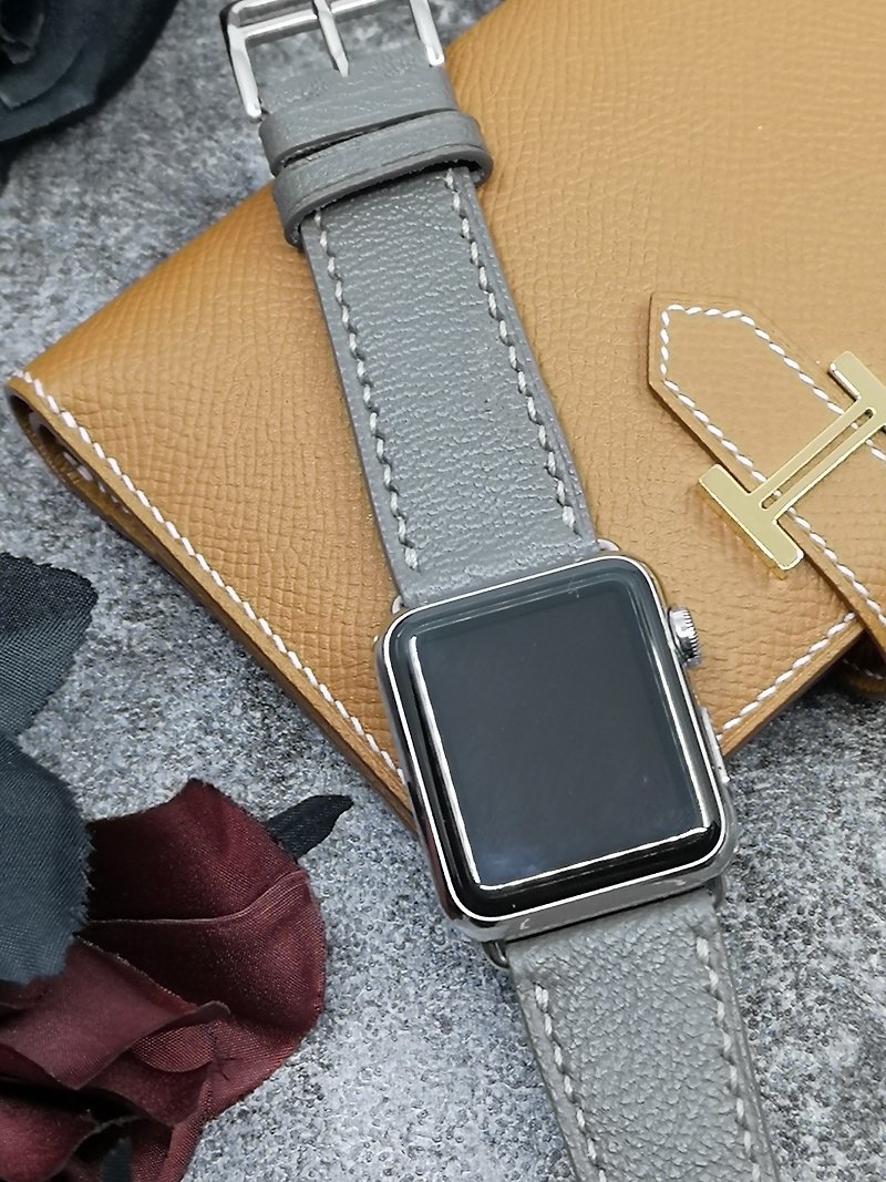 Apple Watch Band, Black Leather iWatch Strap with White Flower Decoration, 41mm - สายนาฬิกา - หนังแท้ สีเทา