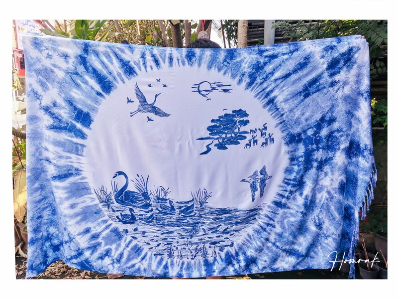 Indigo Shawl (Tiedye + hand painting) - HOMRAK - Scarves - Cotton & Hemp Blue