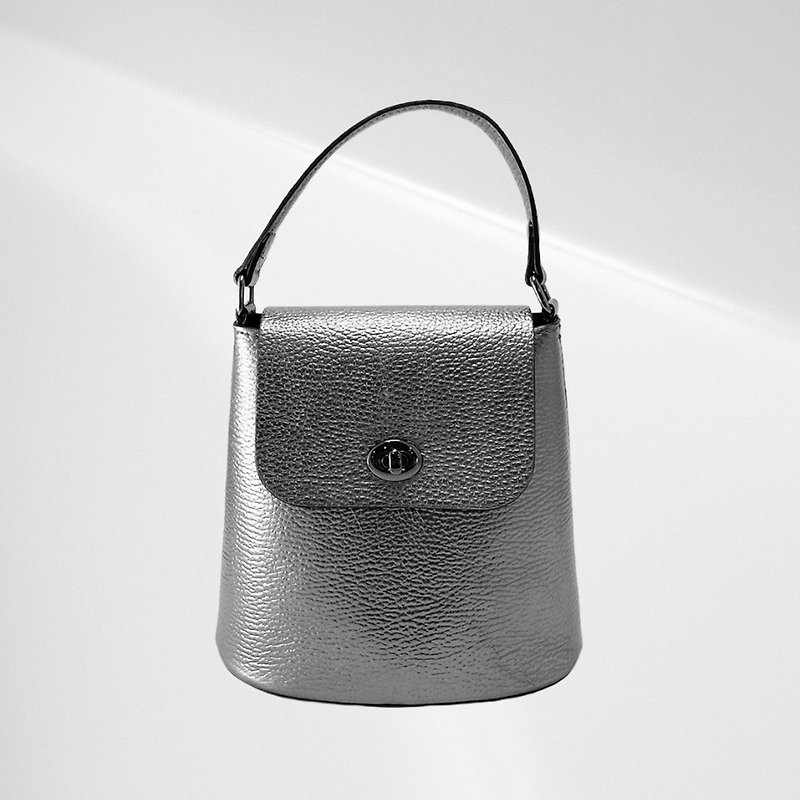 [Made in Italy] Glance low-key metal pebbled bag - cool Silver - Drawstring Bags - Genuine Leather Silver