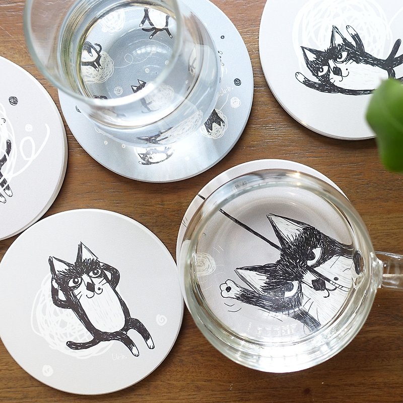 Wool cat series ceramic coasters - Coasters - Pottery Gray