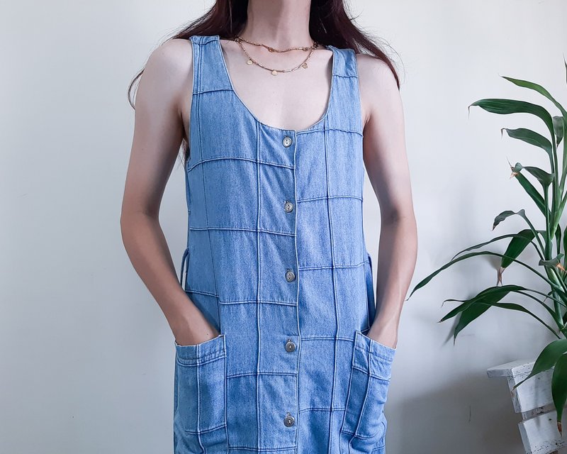 Vintage Patchwork Blue Jeans Dress Button Up Sleeveless Dress Size S M - ชุดเดรส - ผ้าฝ้าย/ผ้าลินิน สีน้ำเงิน