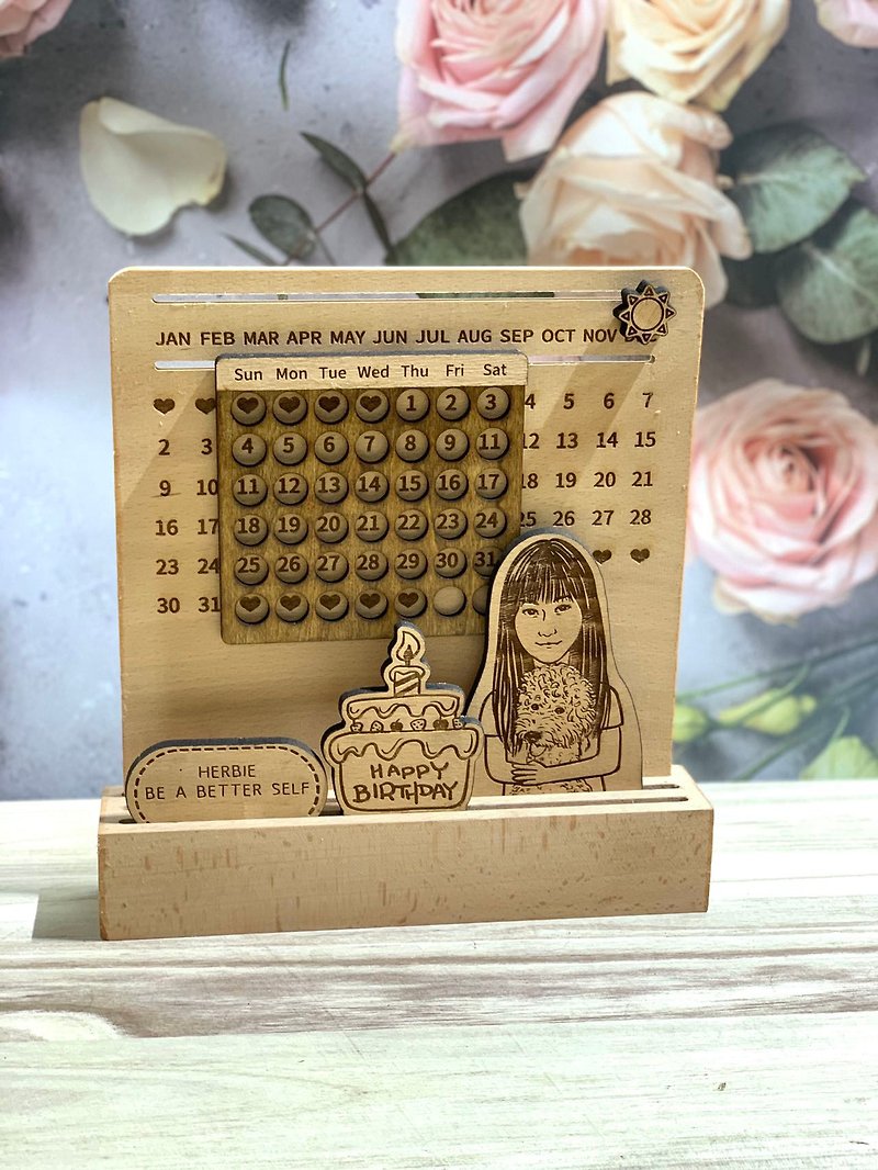 [Customized gift] Solid wood beech perpetual calendar birthday gift to send the same character keychain - Calendars - Wood Gold