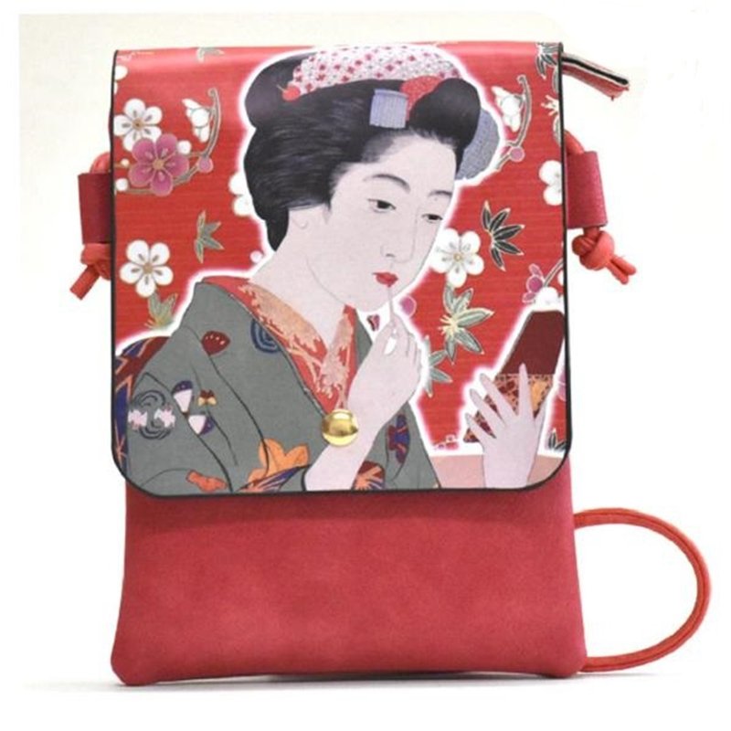 [Ukiyo-e] Japanese and wind shoulder bag (Hashiguchi Wuye-Woman and Mirror) - Messenger Bags & Sling Bags - Other Materials Red
