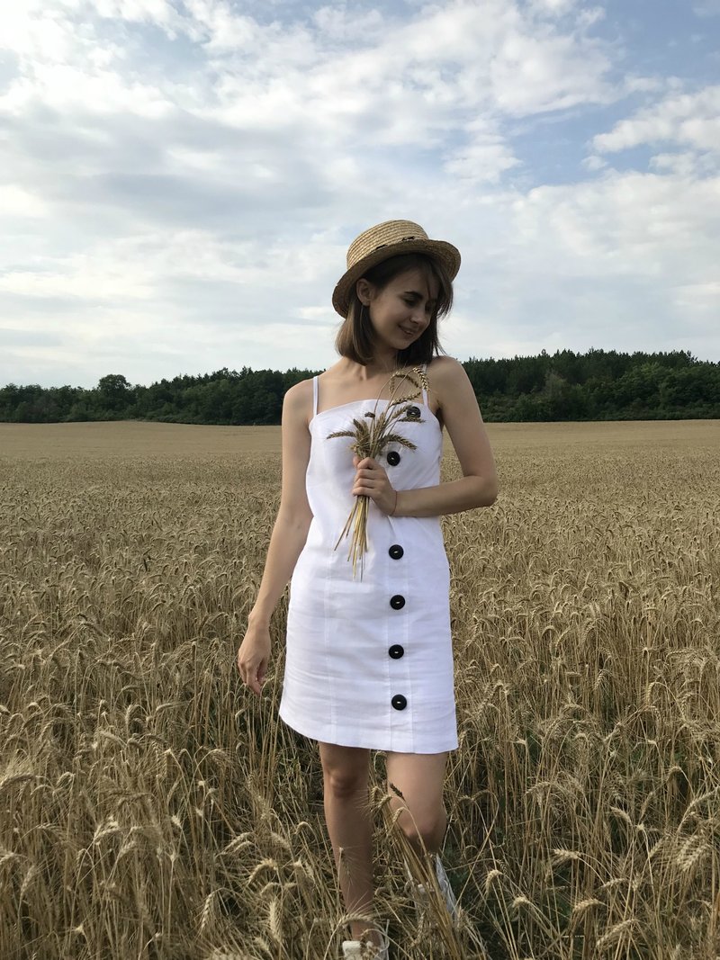 White linen smock mini dress; White Cotton Linen Casual  Dress - 洋裝/連身裙 - 其他材質 白色