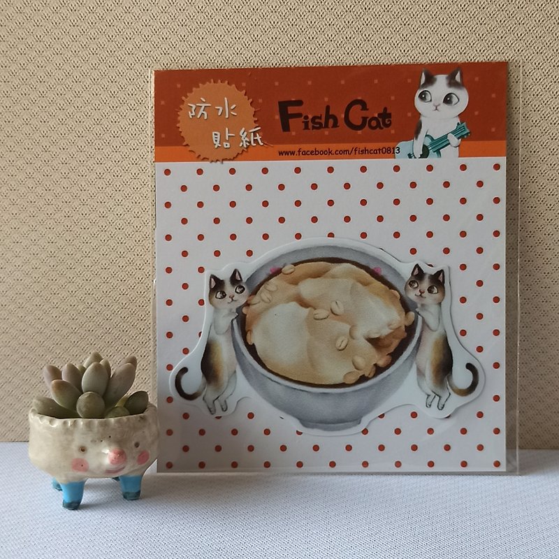 Fish cat/waterproof sticker/douhua sisters - สติกเกอร์ - กระดาษ สีนำ้ตาล