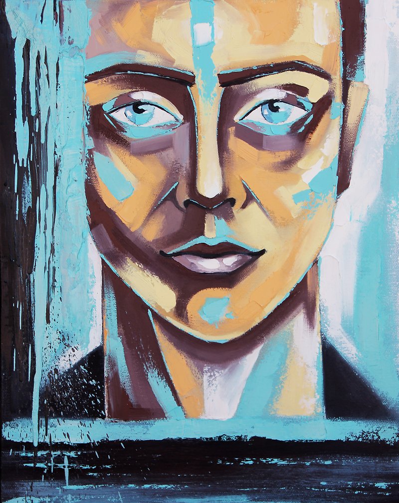 Man Painting  Spiritual Original Art Modern Wall Art Portrait on Canvas 50by40cm - Posters - Other Materials Blue