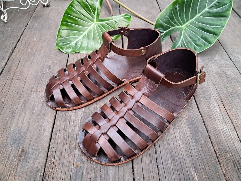 Leather Gladiator Sandals, Dark Brown Leather, Gladiator flat shoes, Mens shoes - 男皮鞋 - 真皮 咖啡色