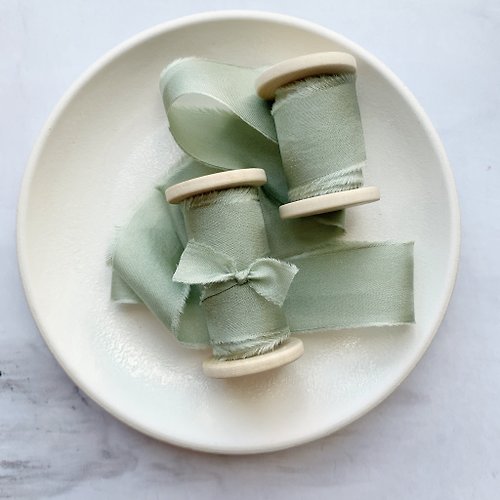 KrasnovaSilk Sage Green Silk Ribbon / Hand Dyed Silk ribbon on Wood Spool