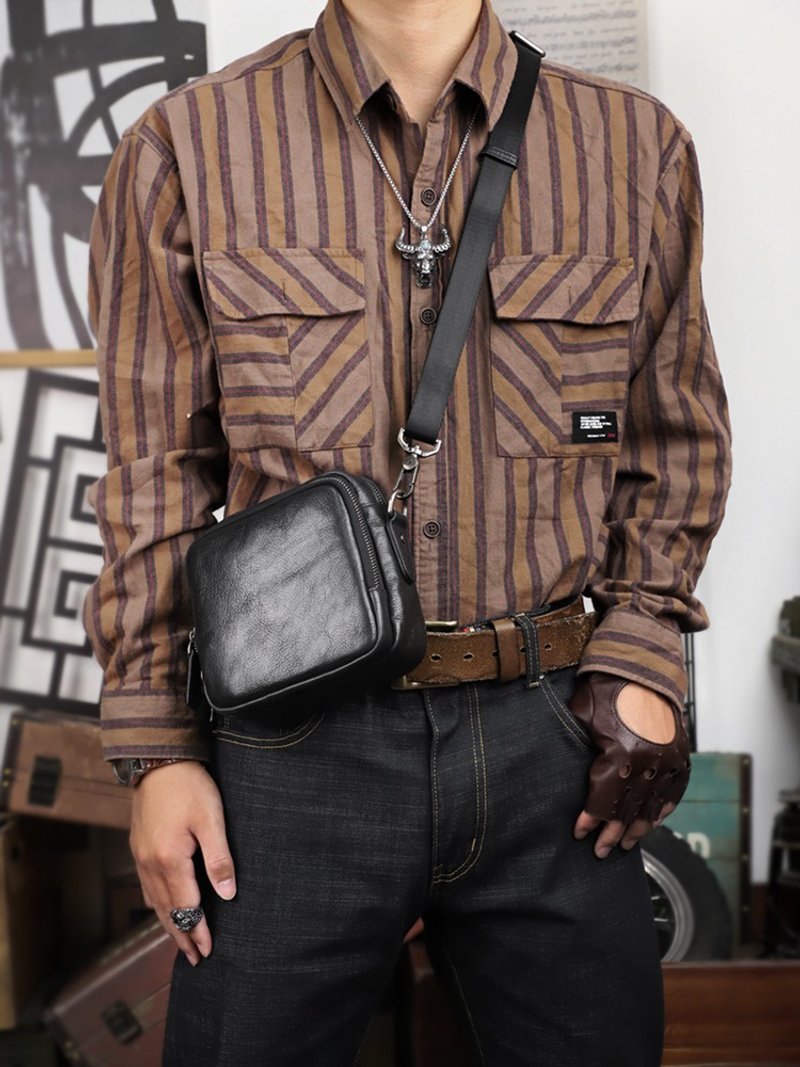 手工真皮男士腰包 單肩斜跨小包 女手機包 休閒兩用小背包 - 側背包/斜孭袋 - 真皮 黑色